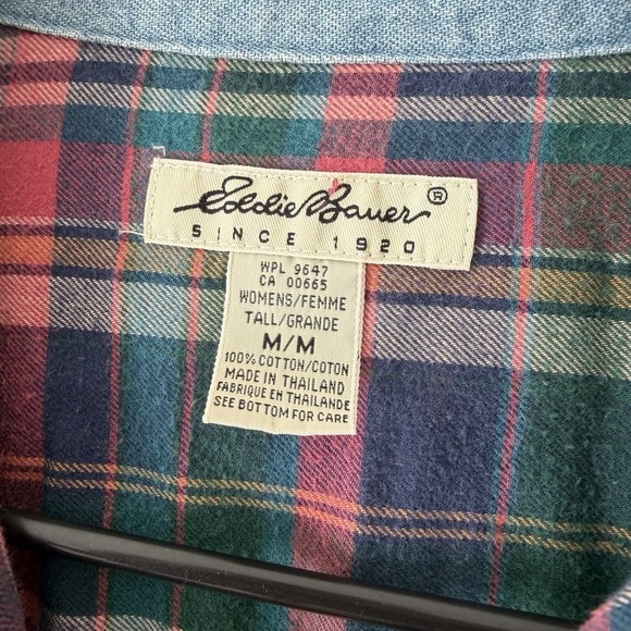 Vtg 90s Plaid Flannel Maxi Dress M Tall Denim Collar Long Sleeve Cotton Cabin - Picture 4 of 10